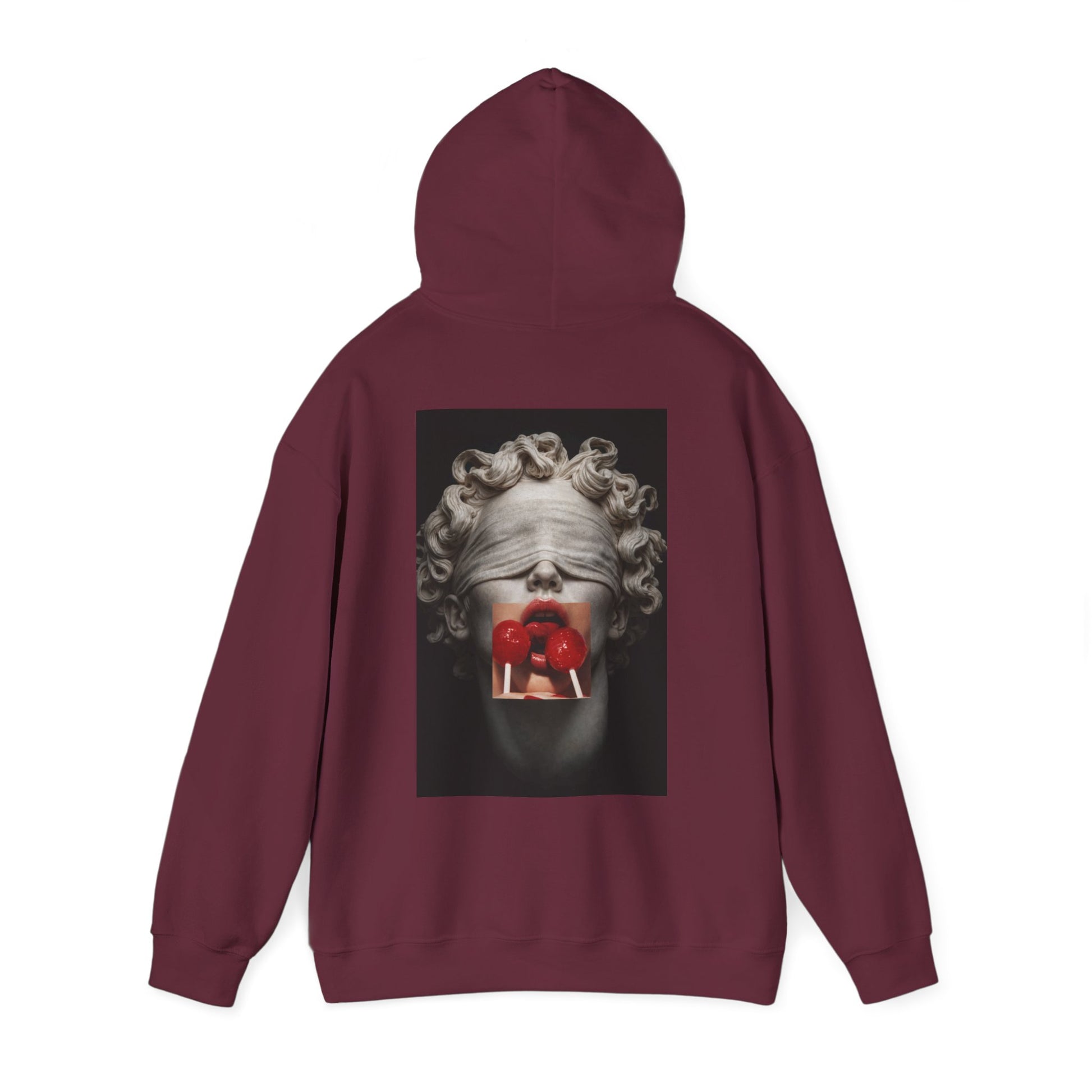 Burgundy maroon hoodie with blindfolded classical statue back graphic, surreal marble sculpture with red lollipops, dark luxury fashion hoodie