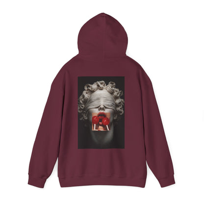 Burgundy maroon hoodie with blindfolded classical statue back graphic, surreal marble sculpture with red lollipops, dark luxury fashion hoodie