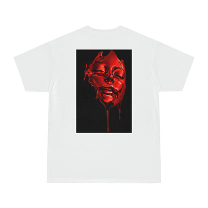 Red liquid face back graphic t-shirt in white, dark luxury surreal statement tee featuring high-gloss red fluid face artwork with dripping details on clean white unisex streetwear t-shirt