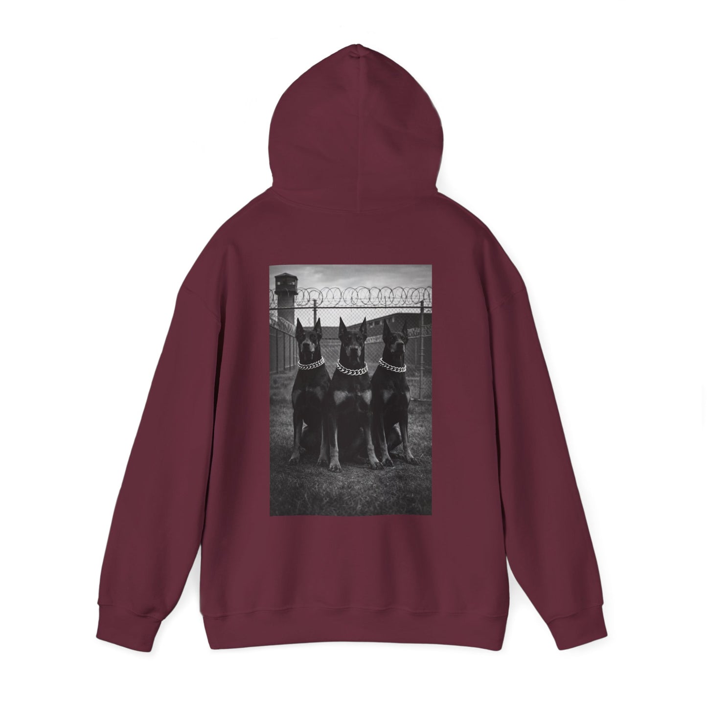 Deep burgundy maroon guard dog hoodie with Doberman back artwork, motivational streetwear symbolizing protection, endurance, leadership energy, and mental toughness