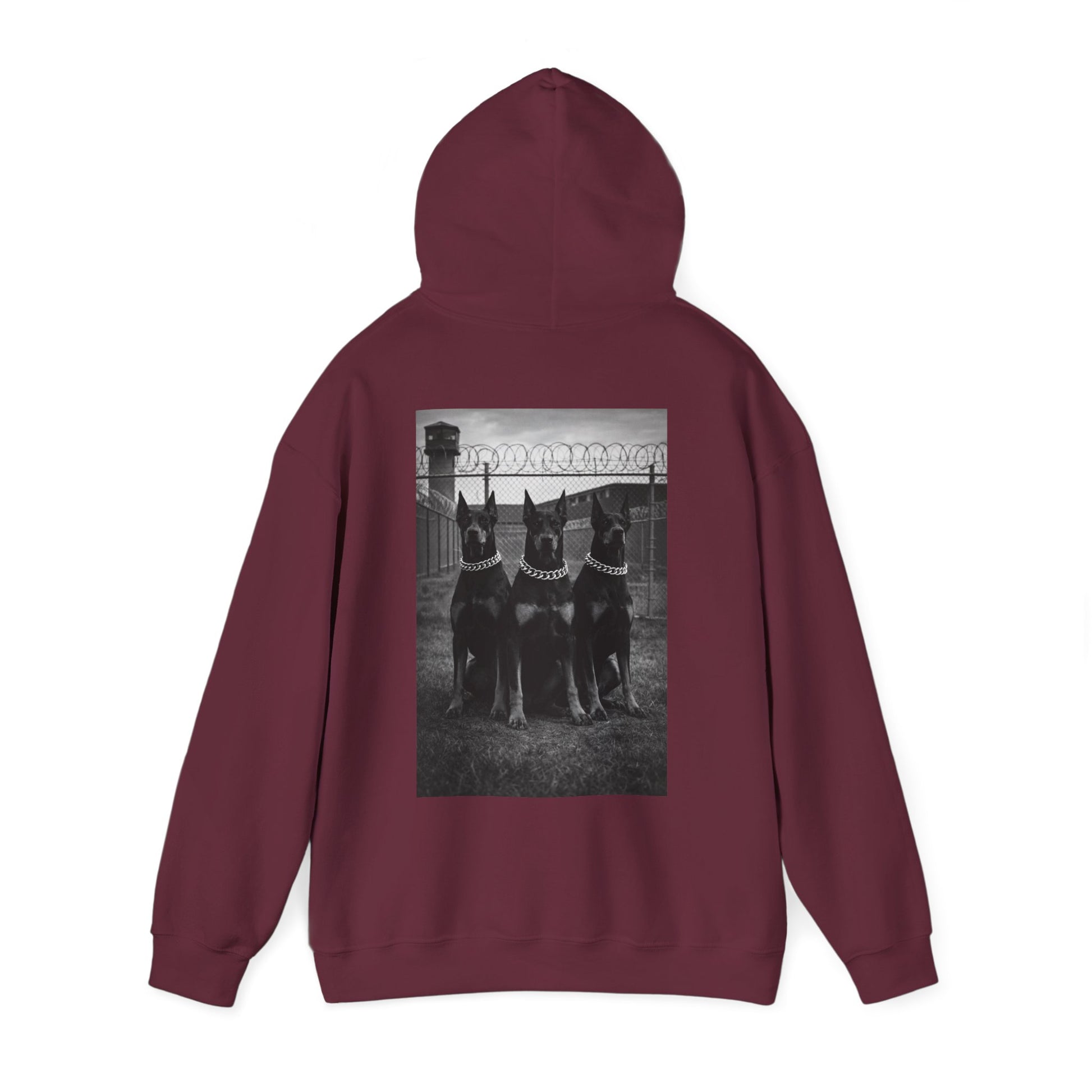 Deep burgundy maroon guard dog hoodie with Doberman back artwork, motivational streetwear symbolizing protection, endurance, leadership energy, and mental toughness