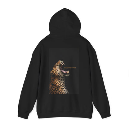 Black graphic hoodie with roaring leopard artwork and “Take the World” text on back, dark luxury streetwear hoodie with bold animal art statement