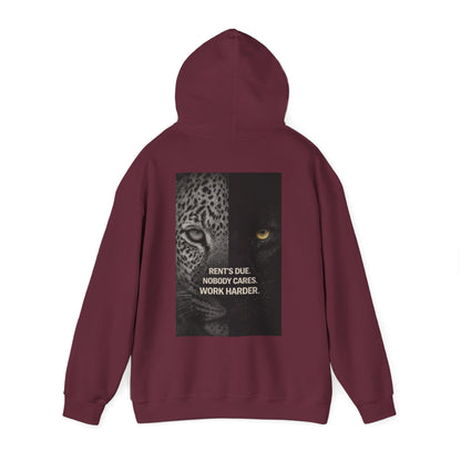 Rent’s Due leopard and panther back graphic hoodie in burgundy with hood up, dark luxury streetwear hoodie featuring split animal artwork and discipline quote