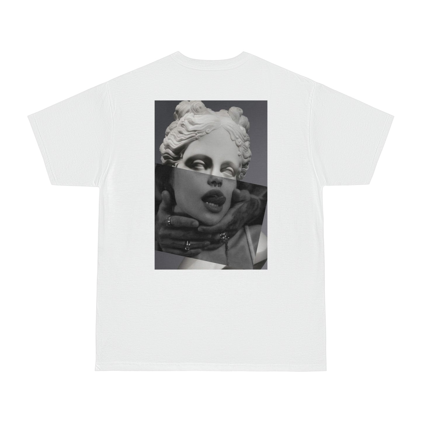 Surreal statue back graphic t-shirt flat lay in white, dark luxury statement tee showcasing classical statue layered with modern photographic elements, unisex streetwear t-shirt with high-contrast surreal back design