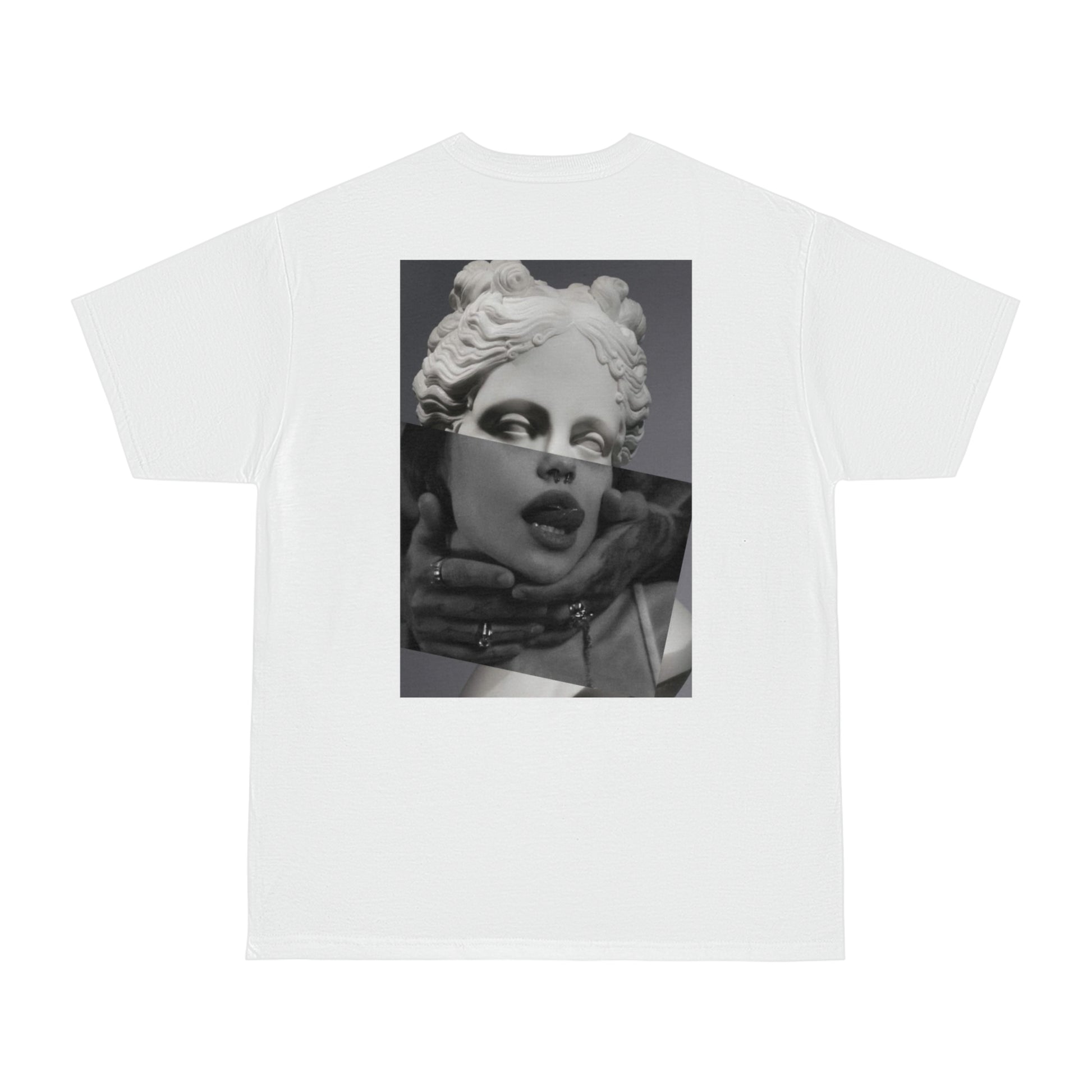 Surreal statue back graphic t-shirt flat lay in white, dark luxury statement tee showcasing classical statue layered with modern photographic elements, unisex streetwear t-shirt with high-contrast surreal back design
