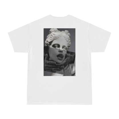 Surreal statue back graphic t-shirt flat lay in white, dark luxury statement tee showcasing classical statue layered with modern photographic elements, unisex streetwear t-shirt with high-contrast surreal back design