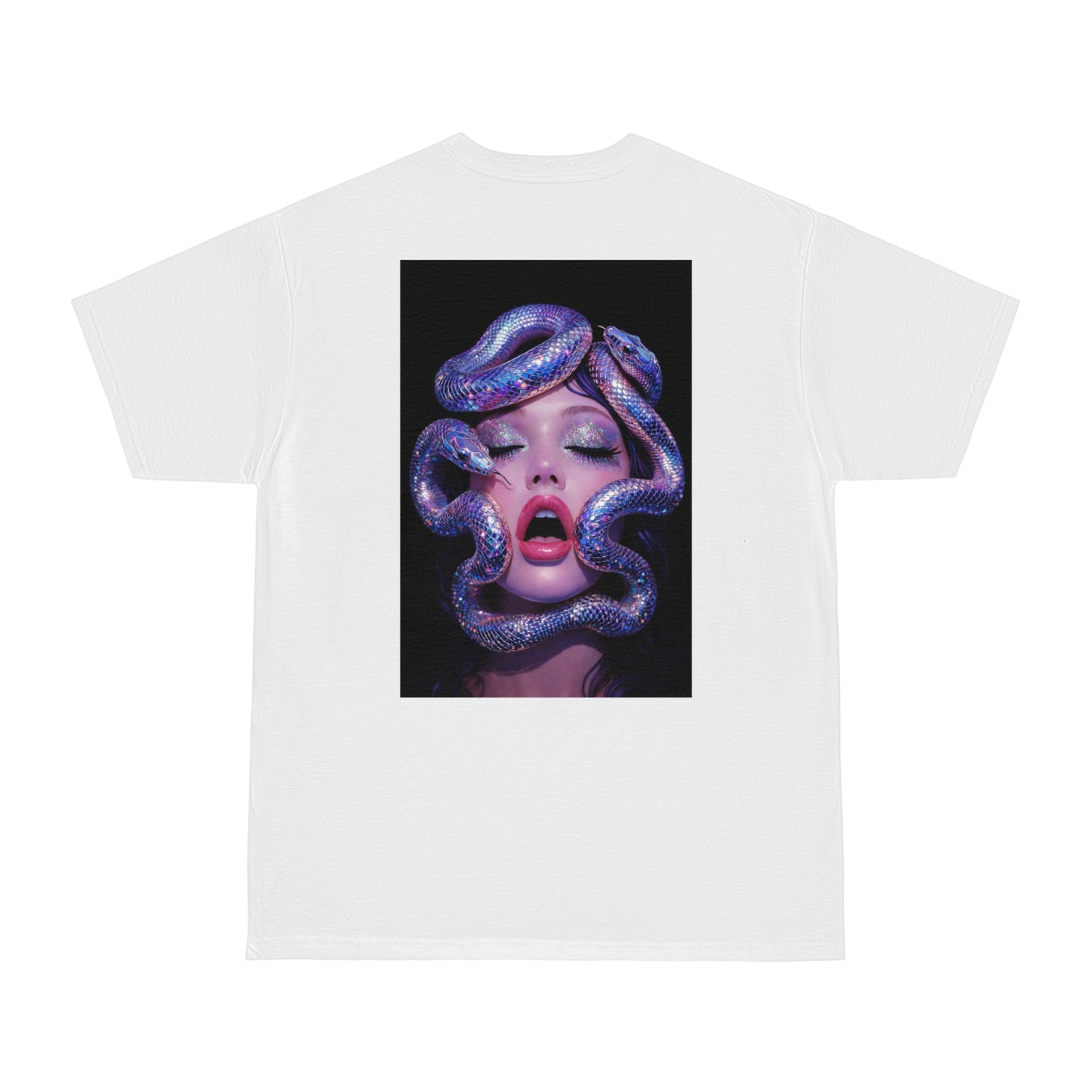 White surreal serpent glamour back graphic t-shirt featuring a modern glamour portrait surrounded by iridescent snakes, unisex dark luxury statement t-shirt with bold back design