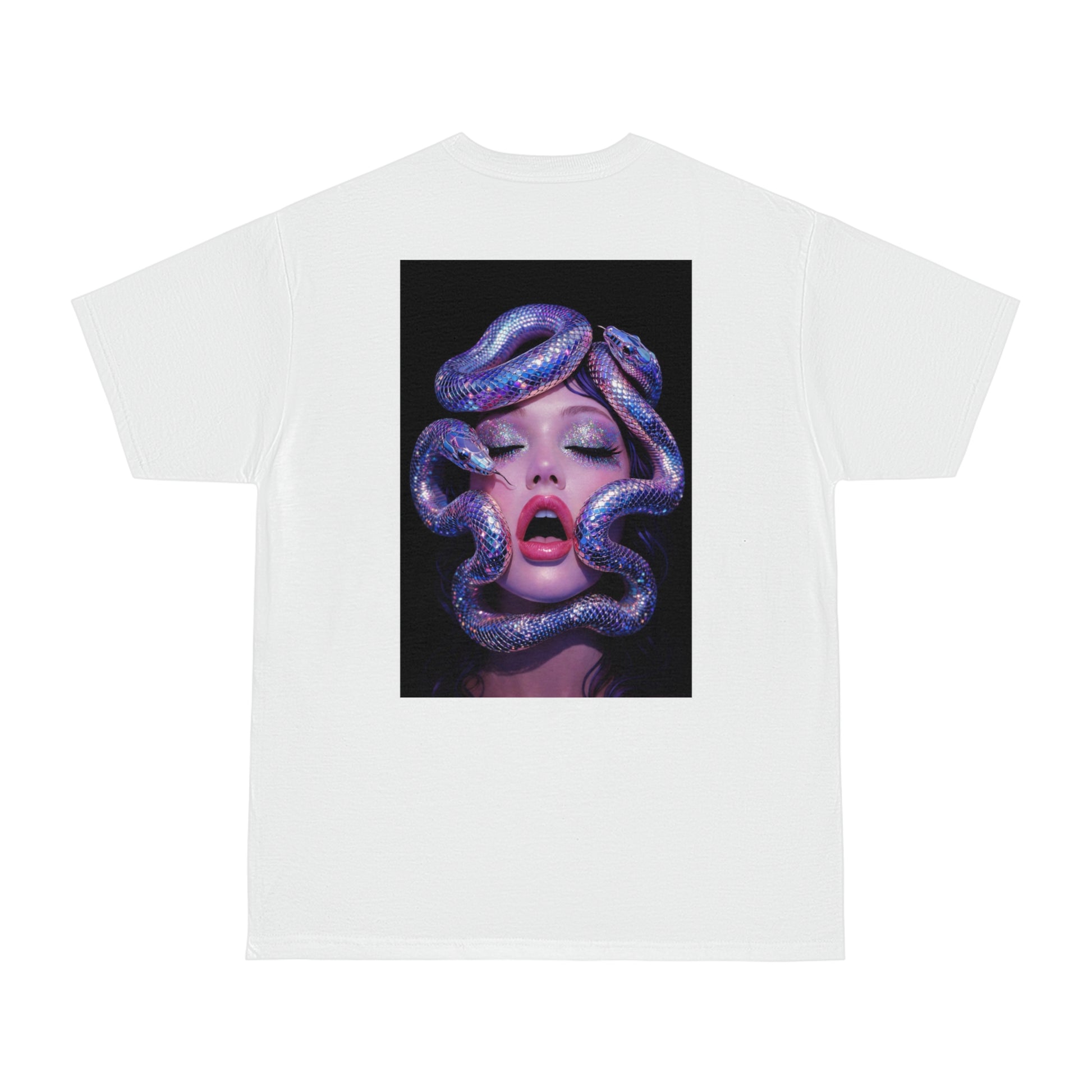 White surreal serpent glamour back graphic t-shirt featuring a modern glamour portrait surrounded by iridescent snakes, unisex dark luxury statement t-shirt with bold back design