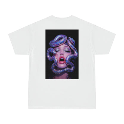 White surreal serpent glamour back graphic t-shirt featuring a modern glamour portrait surrounded by iridescent snakes, unisex dark luxury statement t-shirt with bold back design
