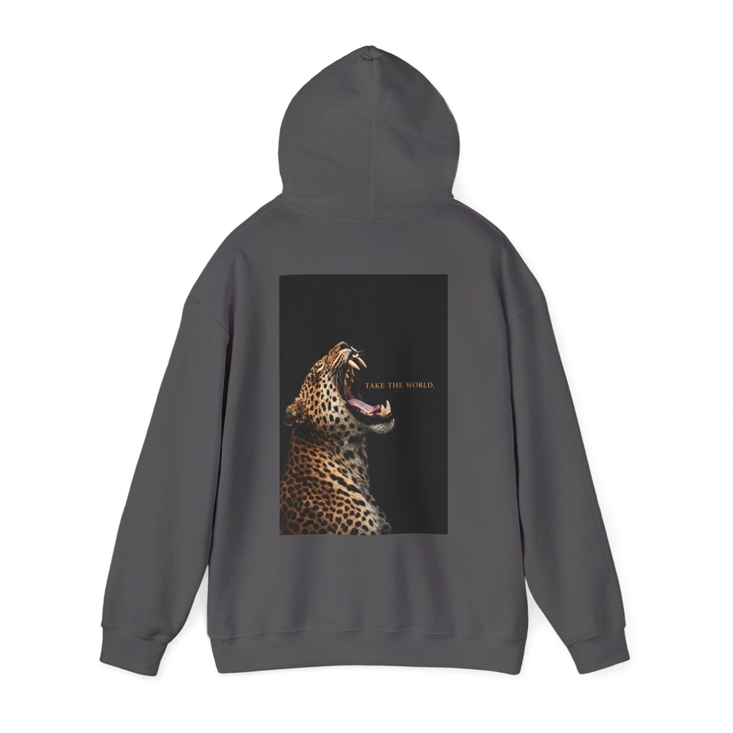 Charcoal gray hoodie back view with hood up showing leopard predator artwork, motivational streetwear with power symbolism and leadership energy