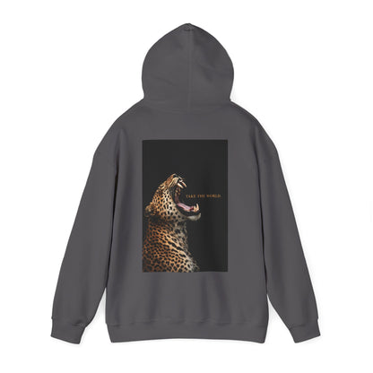 Charcoal gray hoodie back view with hood up showing leopard predator artwork, motivational streetwear with power symbolism and leadership energy