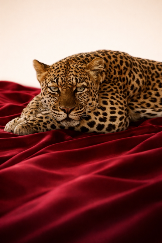 Unarmored – Leopard Fine Art Print on Red Silk | Modern Wildlife Wall Art