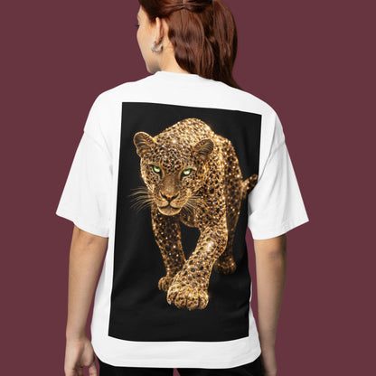Back view of white unisex t-shirt with gold leopard graphic, luxury animal statement design with clean minimal front and bold back artwork