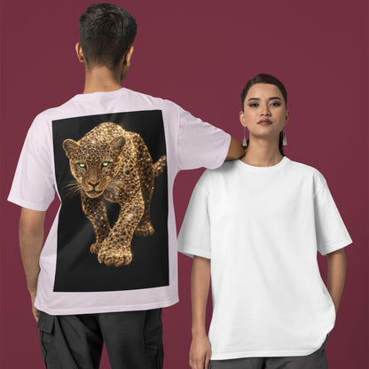 Unisex white t-shirt showcasing minimalist front and bold gold leopard back graphic, luxury streetwear tee designed for statement fashion