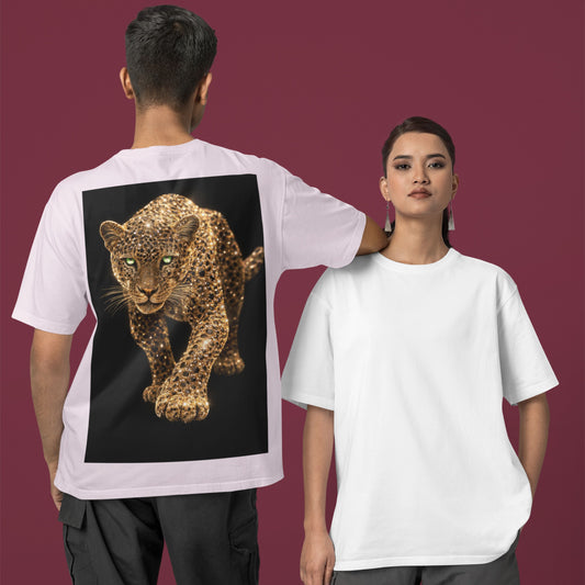 Unisex white t-shirt showcasing minimalist front and bold gold leopard back graphic, luxury streetwear tee designed for statement fashion