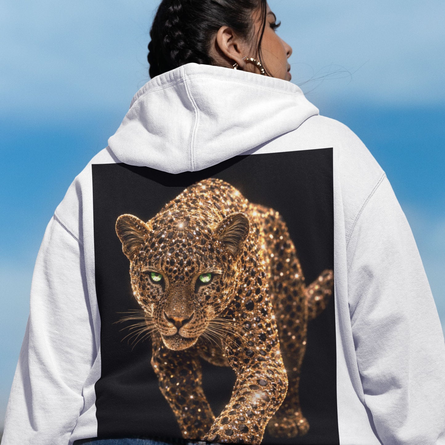 White unisex hoodie shown from back view with large gold leopard artwork printed on the back, modern luxury streetwear hoodie