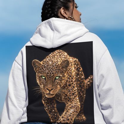 White unisex hoodie shown from back view with large gold leopard artwork printed on the back, modern luxury streetwear hoodie