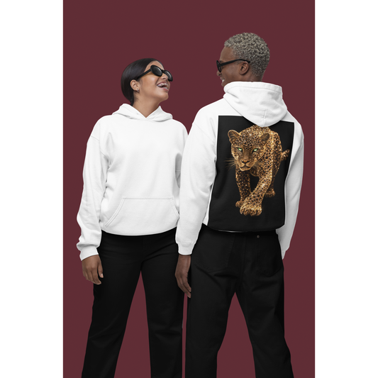 Two models wearing white hoodies, back view of one hoodie showing gold leopard back graphic, luxury unisex streetwear hoodie with bold animal artwork