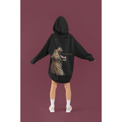 Unisex black hoodie back view on model with roaring leopard animal artwork and Take the World text, modern rebellion streetwear hoodie