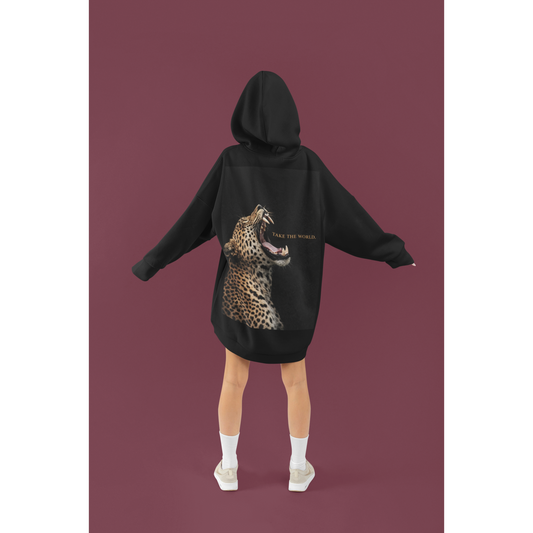 Unisex black hoodie back view on model with roaring leopard animal artwork and Take the World text, modern rebellion streetwear hoodie