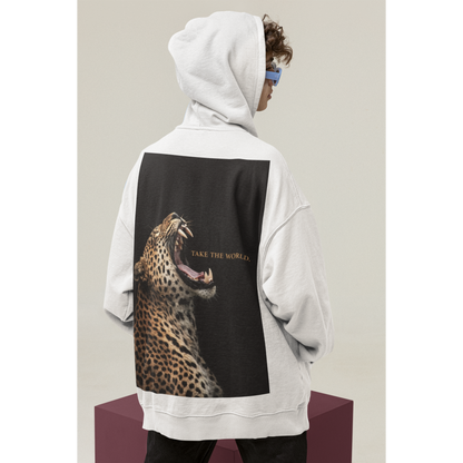 White hoodie with roaring leopard back graphic and Take the World slogan, contrast animal art hoodie blending luxury streetwear and power aesthetic