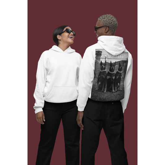 Unisex doberman guard dog motivational hoodies worn by models representing strength loyalty and modern streetwear identity