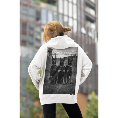 Streetwear lifestyle image of model wearing doberman guard dog hoodie emphasizing discipline confidence and strength