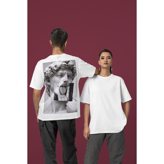 Unisex white graphic t-shirt shown front and back, minimalist front with bold David statue grunge collage back artwork, modern gothic art streetwear