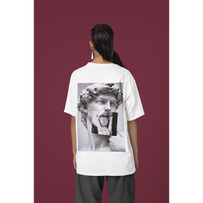 Female model wearing oversized white graphic t-shirt with Michelangelo David statue grunge back print, dark feminine gothic streetwear fashion