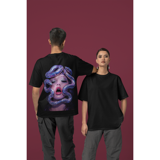 Black unisex t-shirt featuring surreal serpent glamour back graphic worn by two models in studio setting, dark luxury statement tee with bold modern artwork on the back
