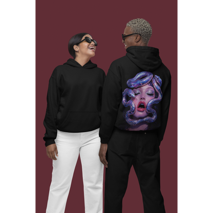 Black unisex hoodies worn by models showing surreal serpent glamour back graphic, dark luxury streetwear with iridescent snake artwork
