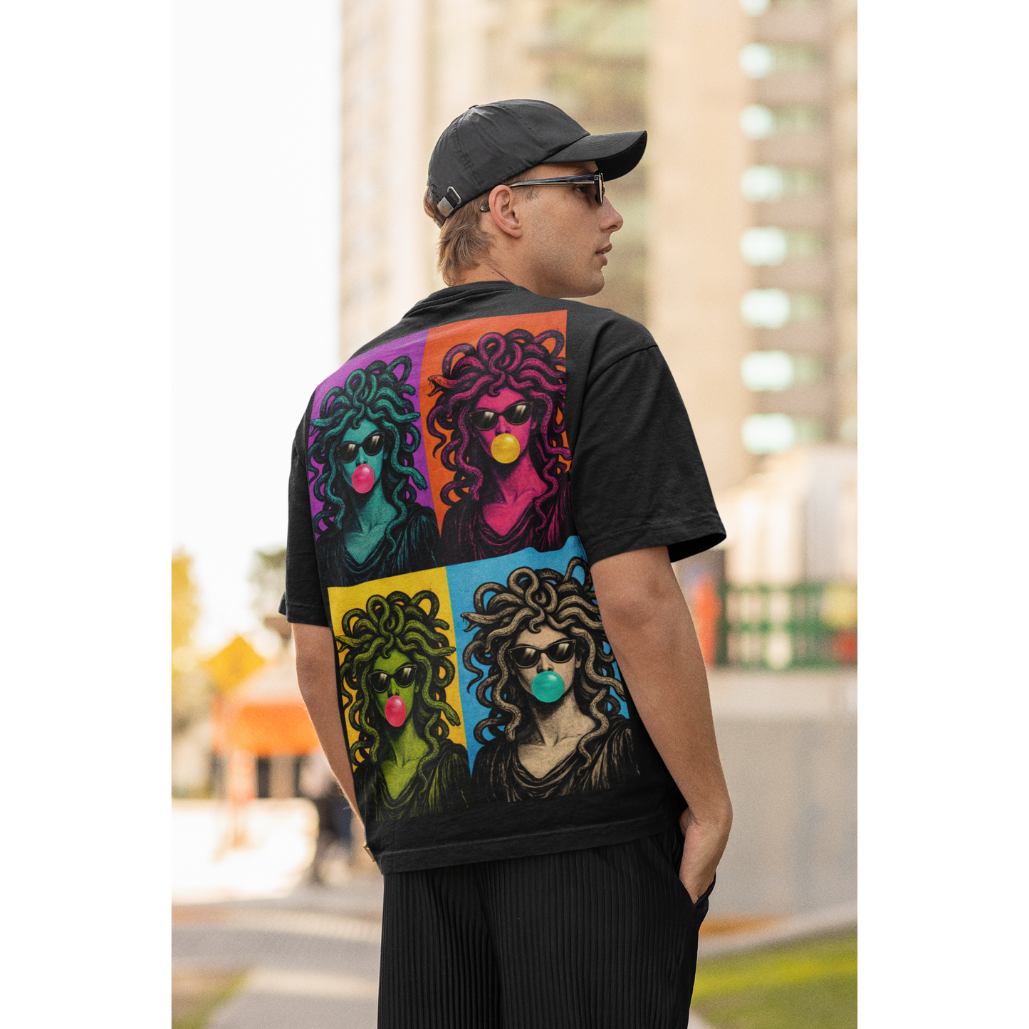 Pop art Medusa back graphic t-shirt worn as modern streetwear statement featuring bold Medusa pop art illustration