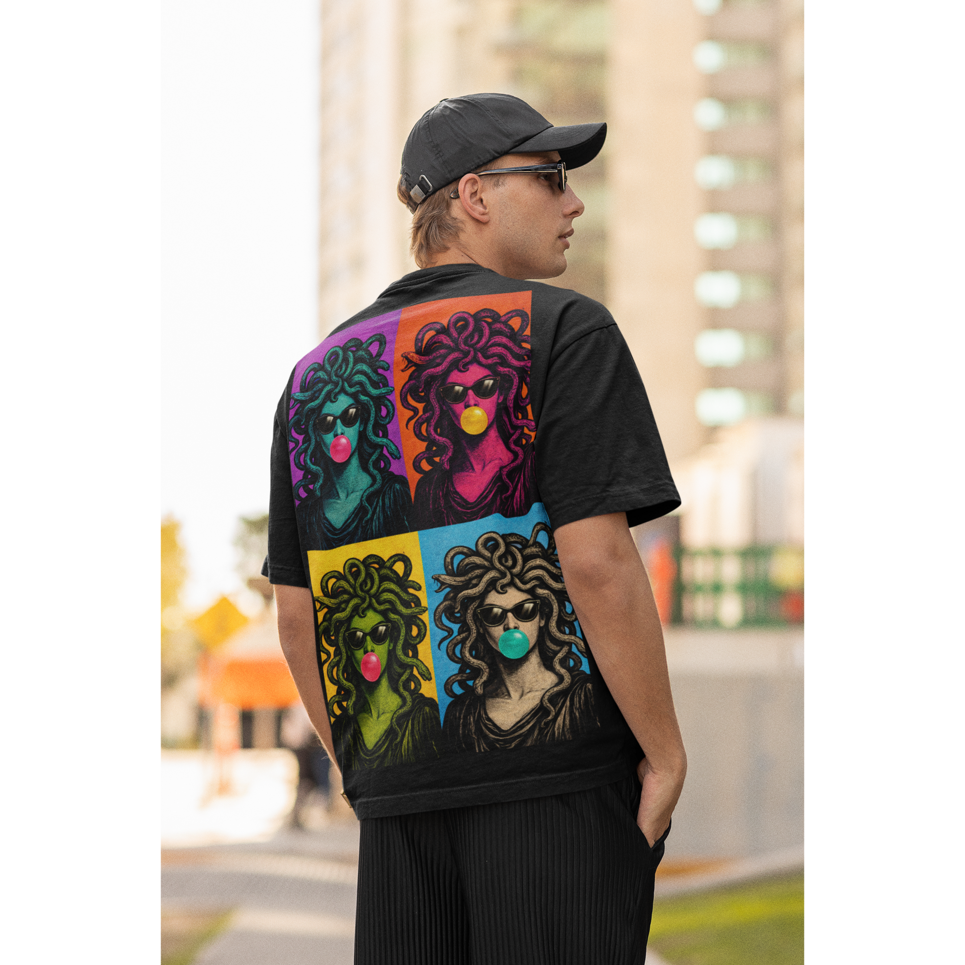 Pop art Medusa back graphic t-shirt worn as modern streetwear statement featuring bold Medusa pop art illustration