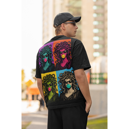 Pop art Medusa back graphic t-shirt worn as modern streetwear statement featuring bold Medusa pop art illustration