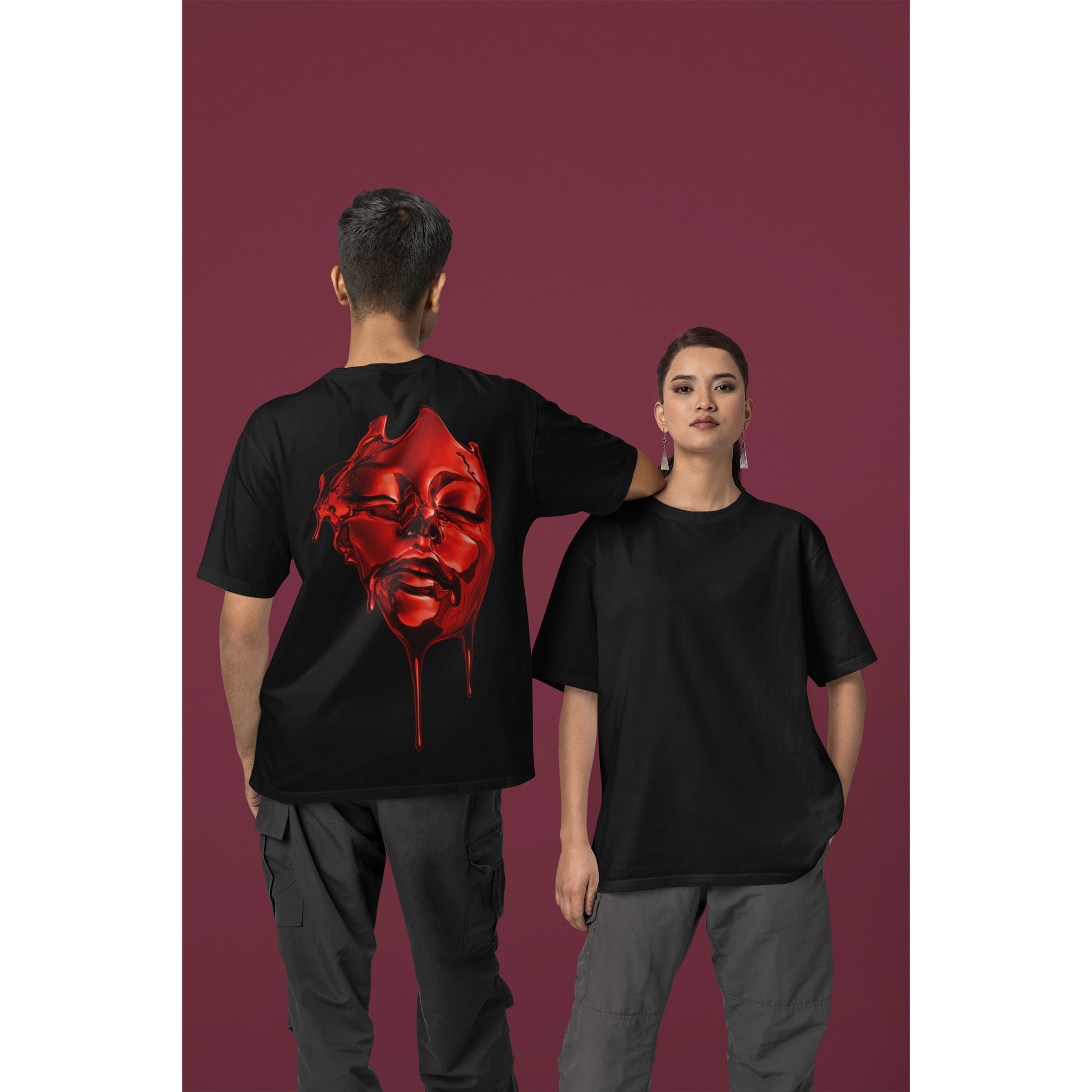 Two models wearing black unisex t-shirts showing front and back views, dark luxury streetwear tee featuring clean minimalist front and bold red liquid face back graphic with high-gloss dripping artwork