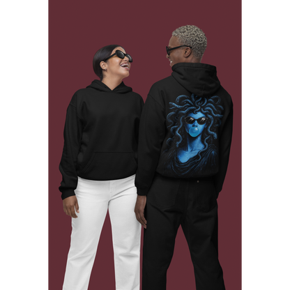 Male and female models wearing black blue medusa bubblegum back graphic hoodies shown front and back, dark luxury streetwear hoodies featuring blue Medusa artwork with sunglasses and bubblegum and clean minimalist front
