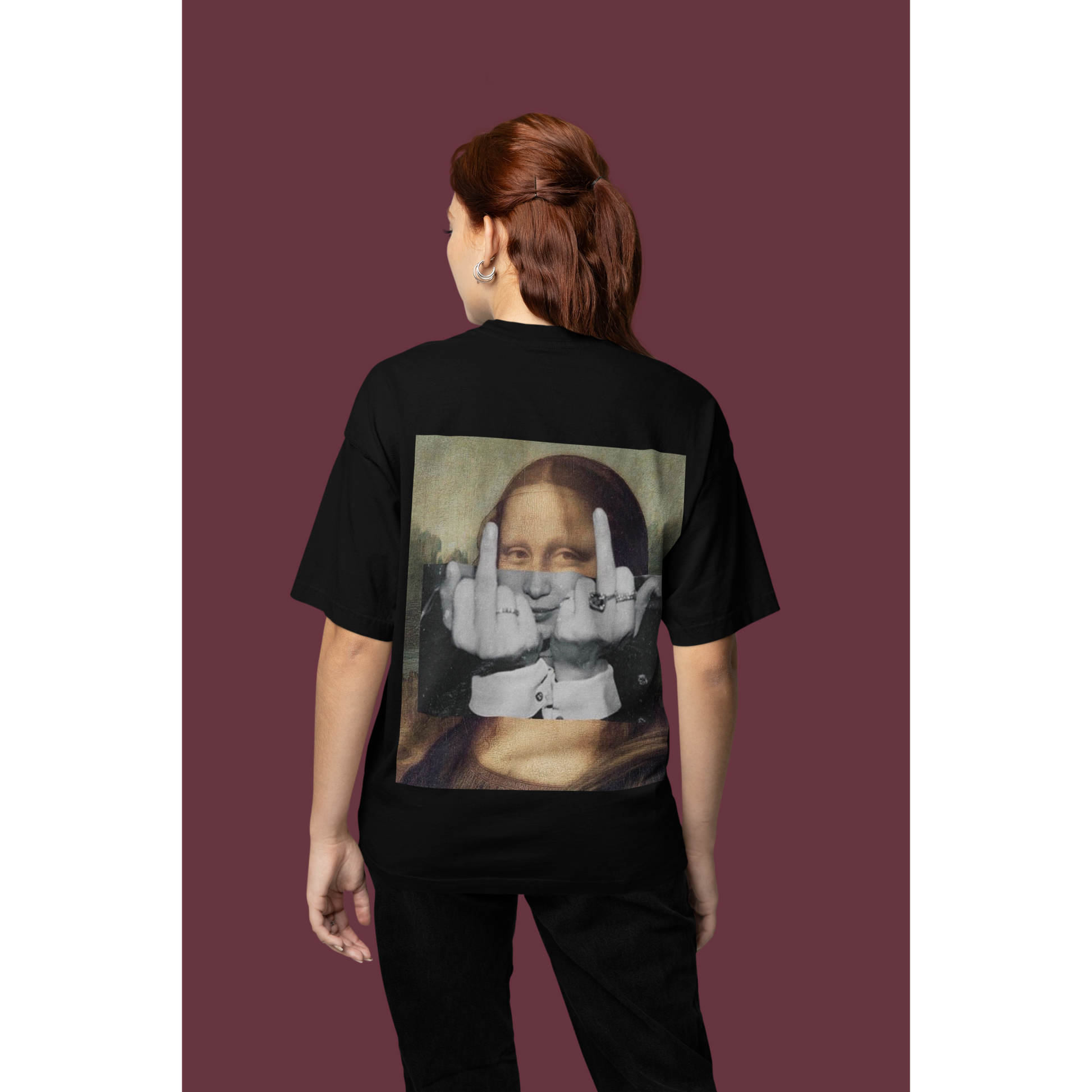 Model wearing black Mona Lisa middle finger back graphic t-shirt, unisex dark luxury statement tee featuring rebellious Mona Lisa artwork with double middle fingers, clean black front and bold back graphic