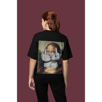 Model wearing black Mona Lisa middle finger back graphic t-shirt, unisex dark luxury statement tee featuring rebellious Mona Lisa artwork with double middle fingers, clean black front and bold back graphic