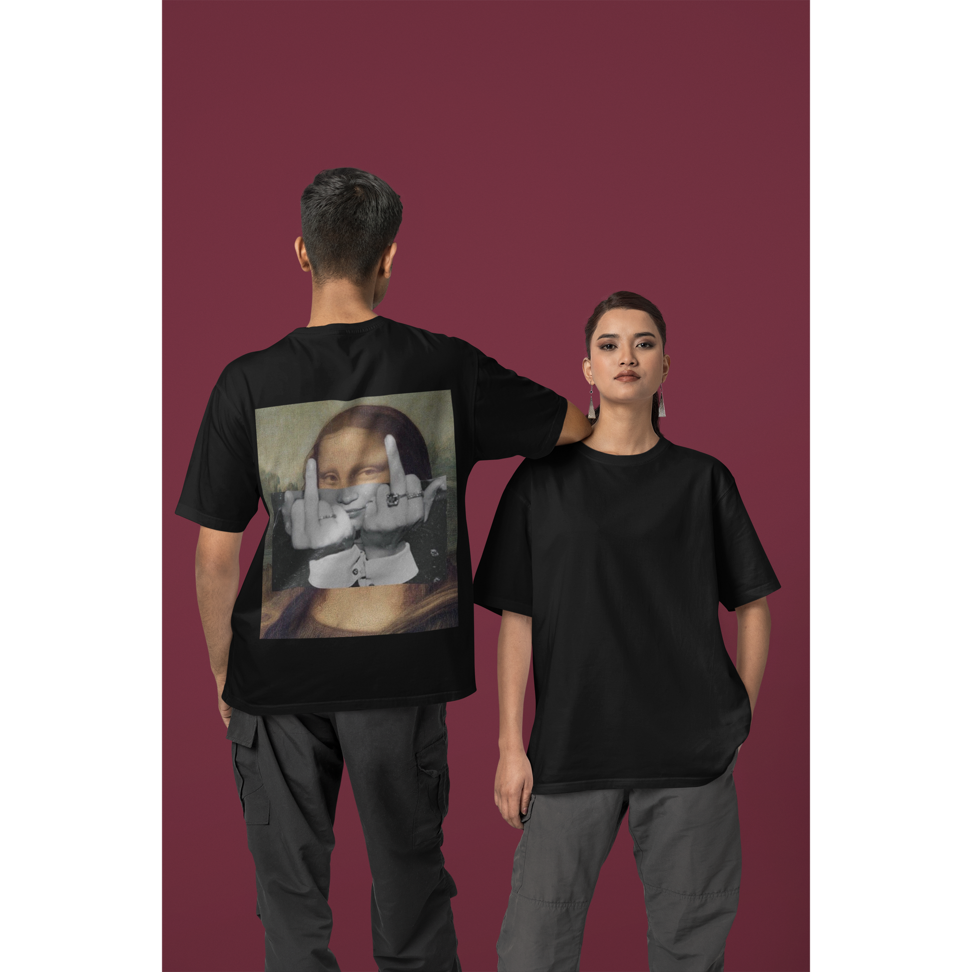 Unisex black Mona Lisa middle finger t-shirt shown on male and female models, featuring clean minimalist front and bold Mona Lisa back graphic with double middle finger artwork, dark luxury streetwear tee