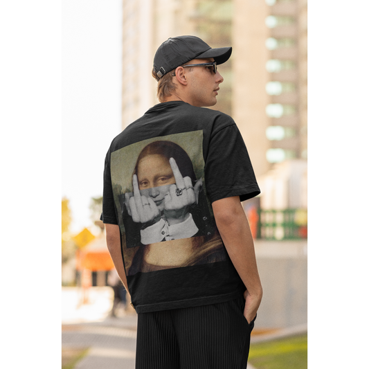 Lifestyle shot of male model wearing black Mona Lisa middle finger back graphic t-shirt outdoors, dark luxury streetwear statement tee featuring rebellious Mona Lisa artwork with double middle fingers