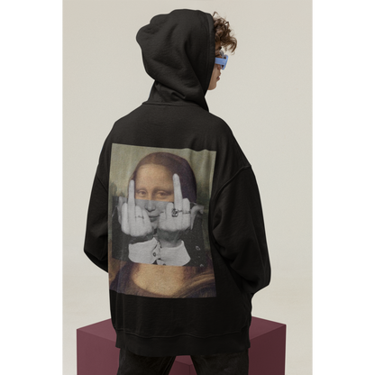 Male model wearing a black unisex hoodie, featuring a bold Mona Lisa middle finger collage graphic printed on the back in a dark luxury streetwear style.