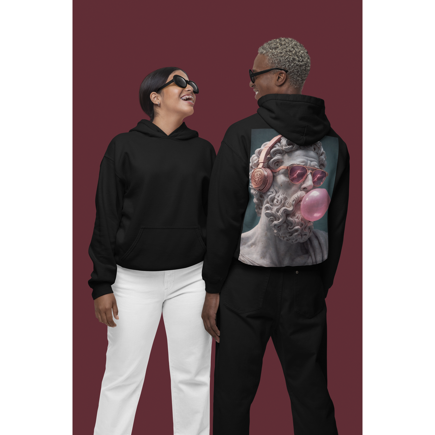 Classical Statue Headphones Bubblegum Back Graphic Hoodie – Dark Luxury Statement Hoodie