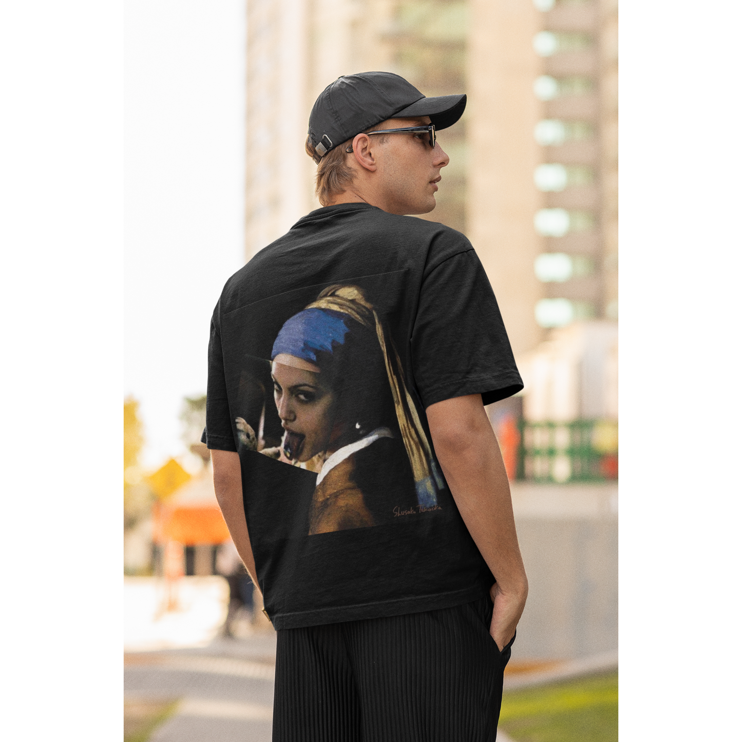 Model wearing black classical girl with a pearl unfiltered collage back graphic t-shirt, unisex dark luxury streetwear tee featuring surreal classical art remix with clean black front design