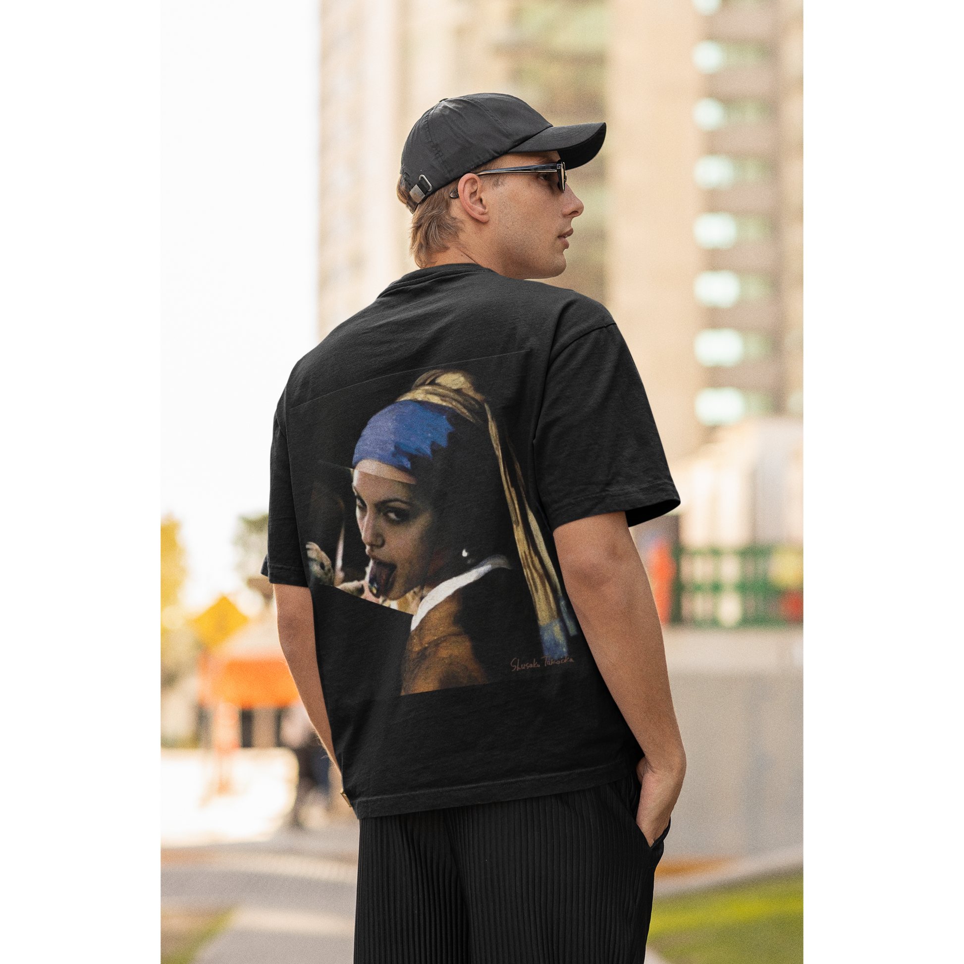 Model wearing black classical girl with a pearl unfiltered collage back graphic t-shirt, unisex dark luxury streetwear tee featuring surreal classical art remix with clean black front design
