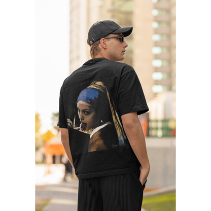 Model wearing black classical girl with a pearl unfiltered collage back graphic t-shirt, unisex dark luxury streetwear tee featuring surreal classical art remix with clean black front design