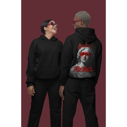 Black unisex rebel hoodie featuring classical statue red paint back graphic, luxury streetwear hoodie styled on models in studio setting