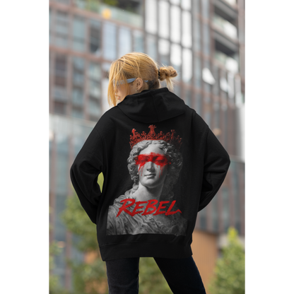 Black rebel hoodie worn in urban setting, classical marble statue red paint back graphic streetwear hoodie styled for modern rebellion