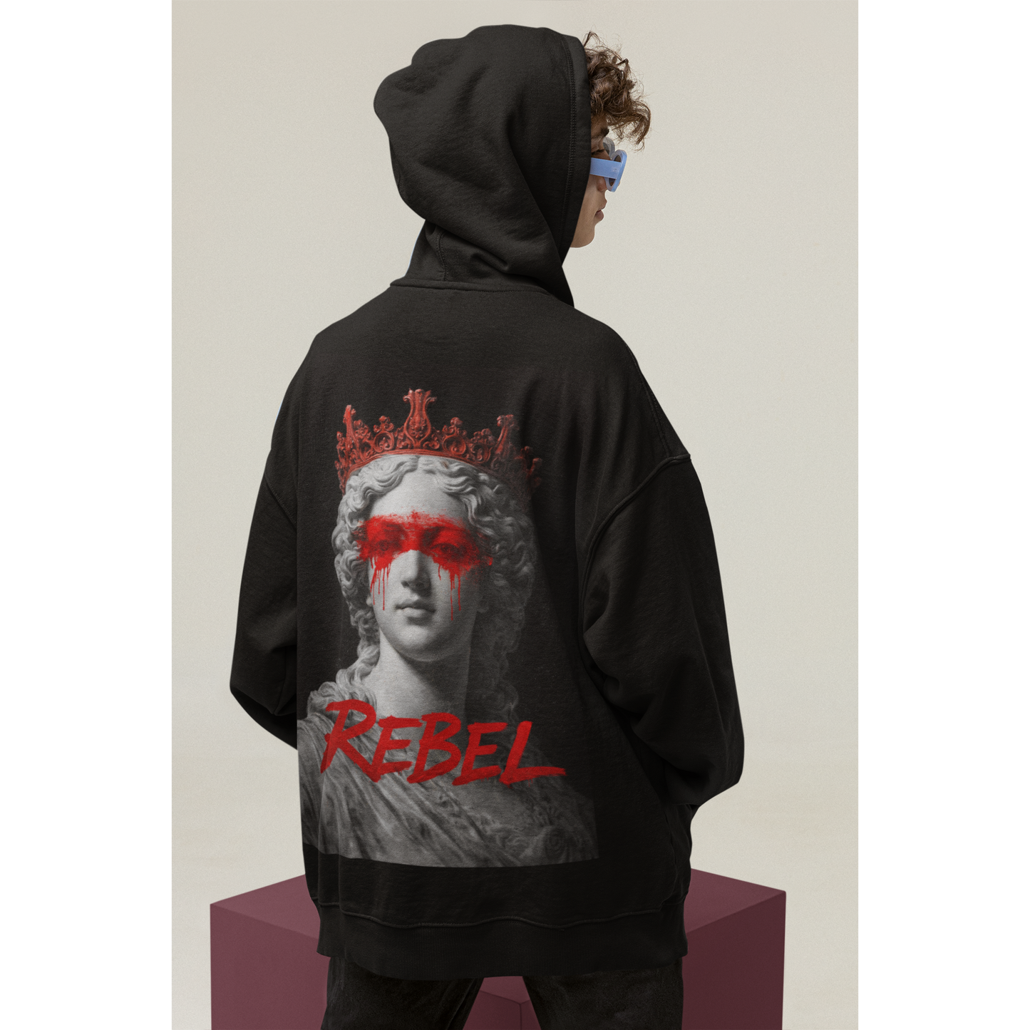 Black unisex hoodie with rebel classical statue artwork on back, oversized streetwear hoodie with red paint marble statue design