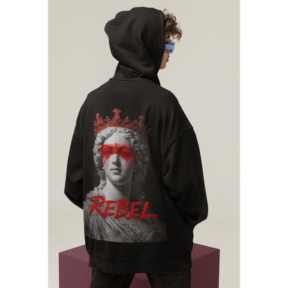 Black unisex hoodie with rebel classical statue artwork on back, oversized streetwear hoodie with red paint marble statue design