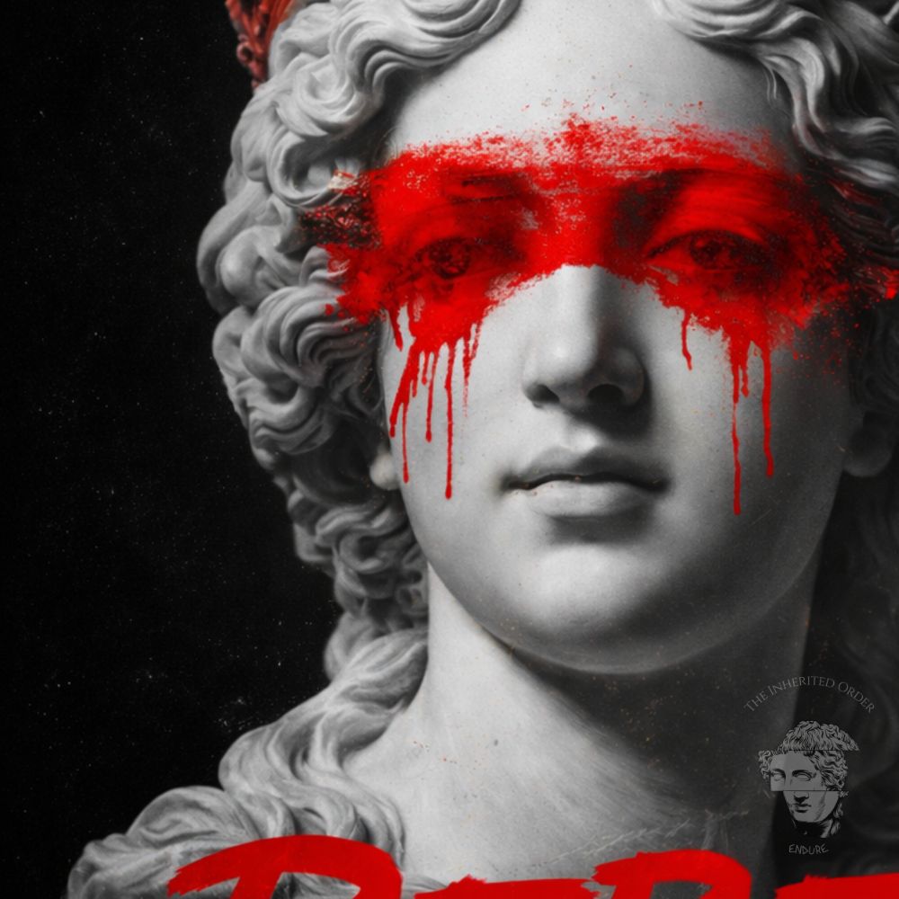 Close-up of rebel classical marble statue artwork with red paint eyes and crown, dark luxury streetwear graphic used on rebel hoodie back design